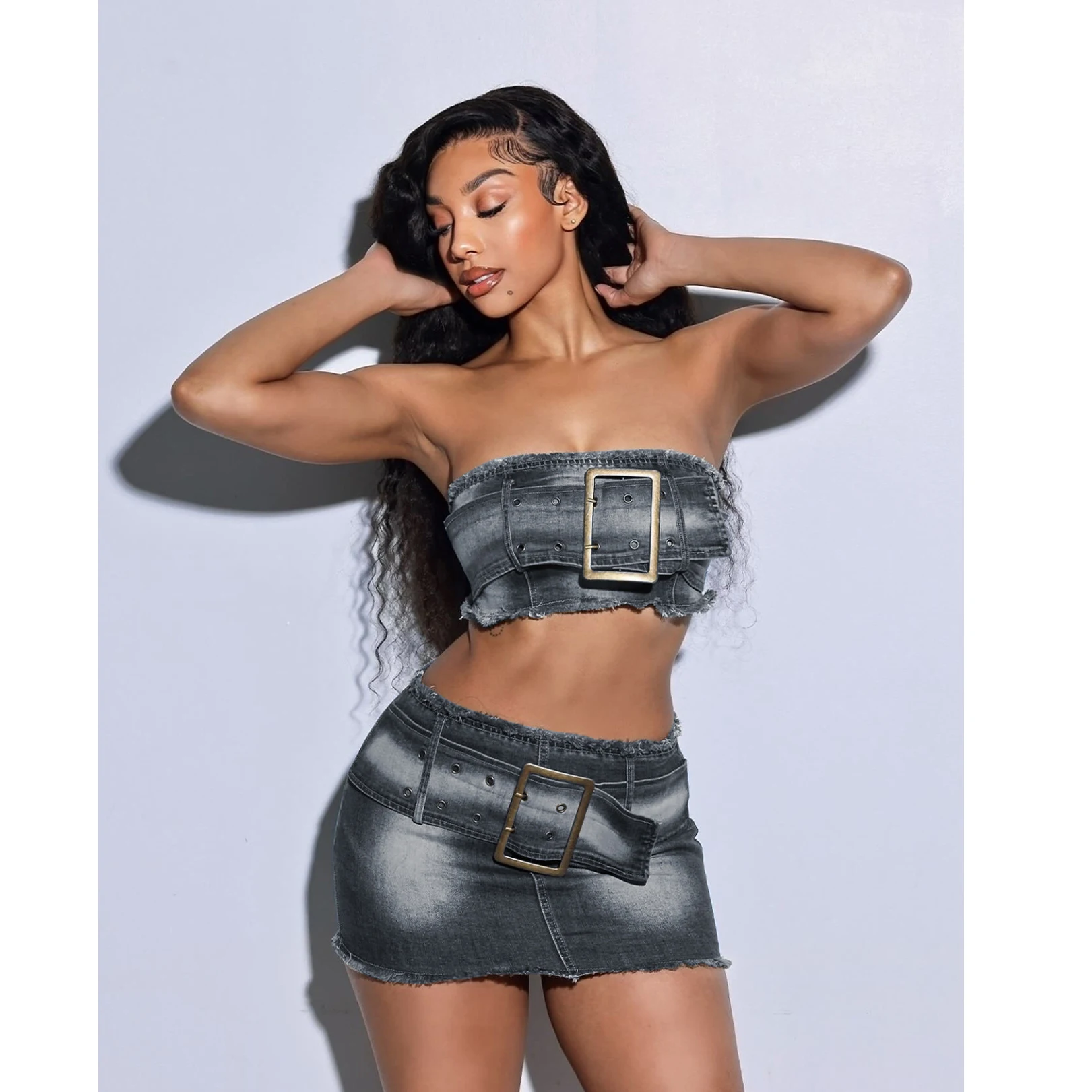 Denim Crop Tops Dress 2 Piece Mini Skirt Sets Women Sexy Cargo Dress Y2K Denim Jean Two Piece Sets Summer Outfits Clothes