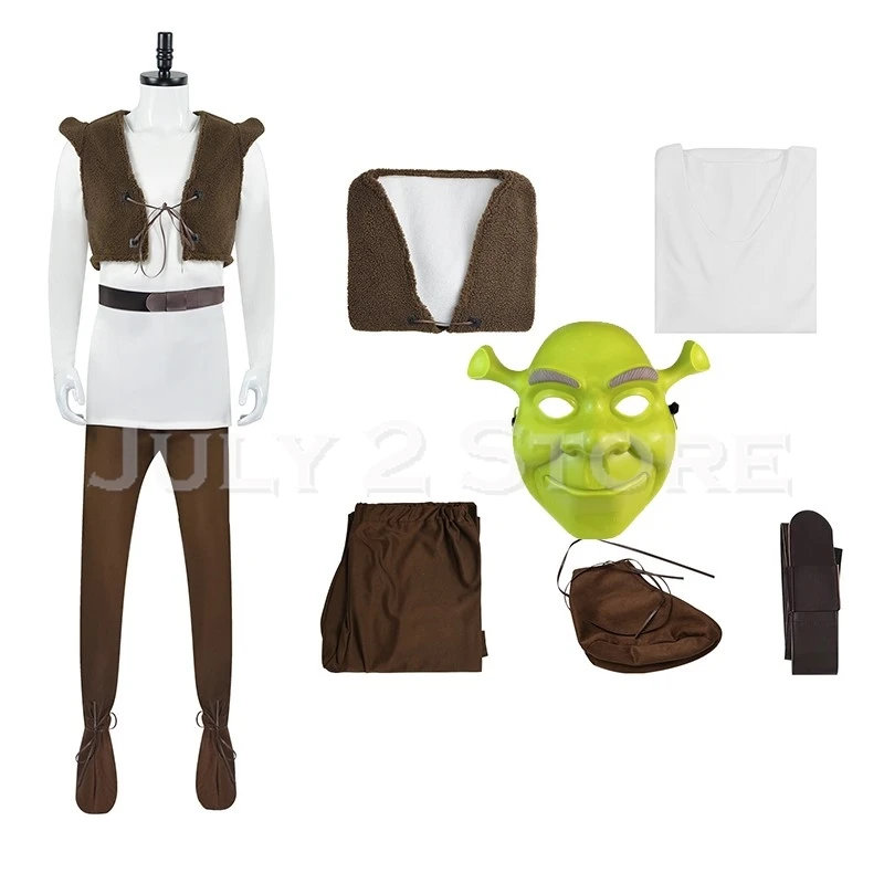 Disfraz de SHrek para Cosplay, máscara de monstruo verde, guantes de caballero, uniformes para disfraz, traje de fiesta de Halloween para hombre, Top de juego de rol, pantalones, chaleco 2025
