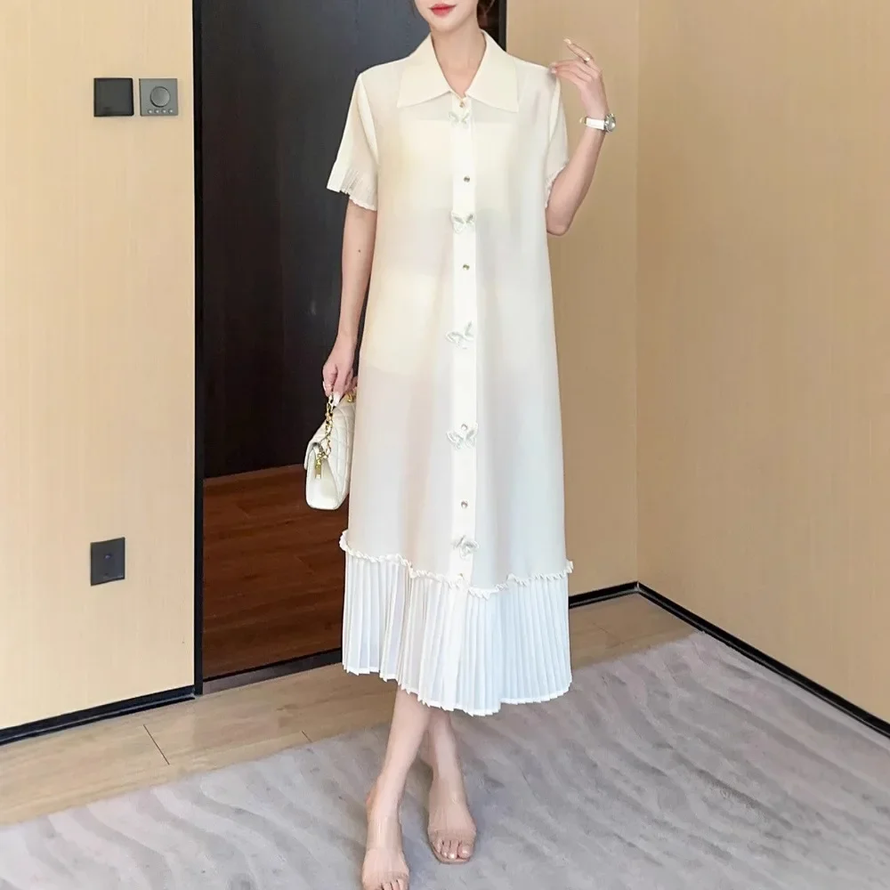 

Miyake Pleated Dress for Women 2025 New Solid Color Spliced ​​lapel Short Sleeve Single-breasted Loose Draping Cardigan Skirt