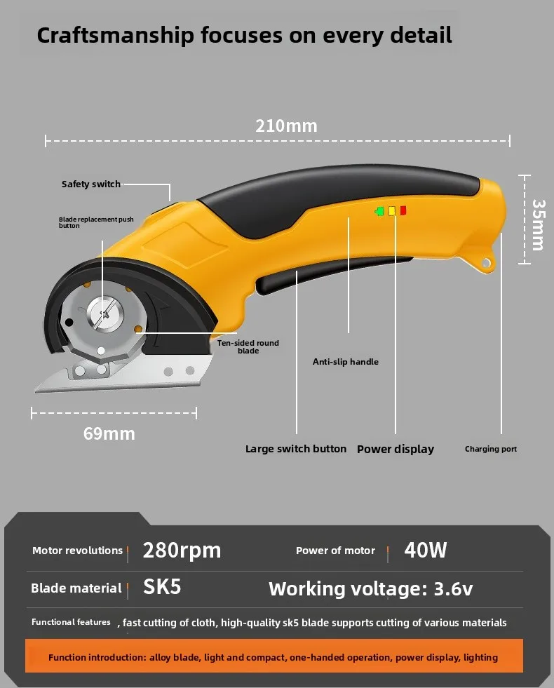 Portable Rechargeable Round Blade Electric Shear Efficient Cutting Tool For Fabric And Leather Materials