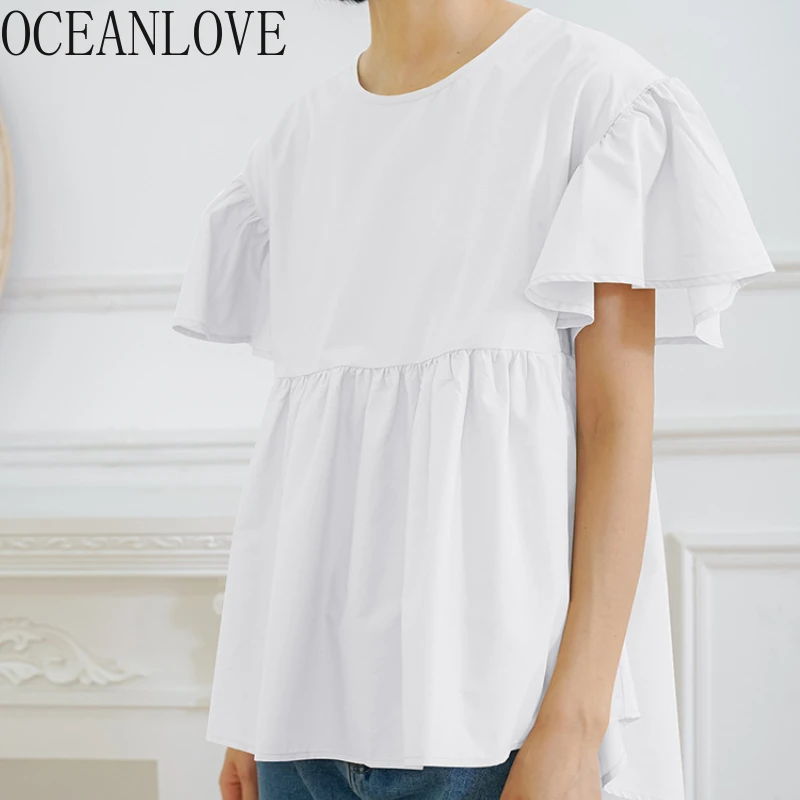 OCEANLOVE Ruffles Blouses Women Tops Solid Summer Loose Sweet Elegant Blusas Mujer Japanese Style Simple Retro Shirts Casual