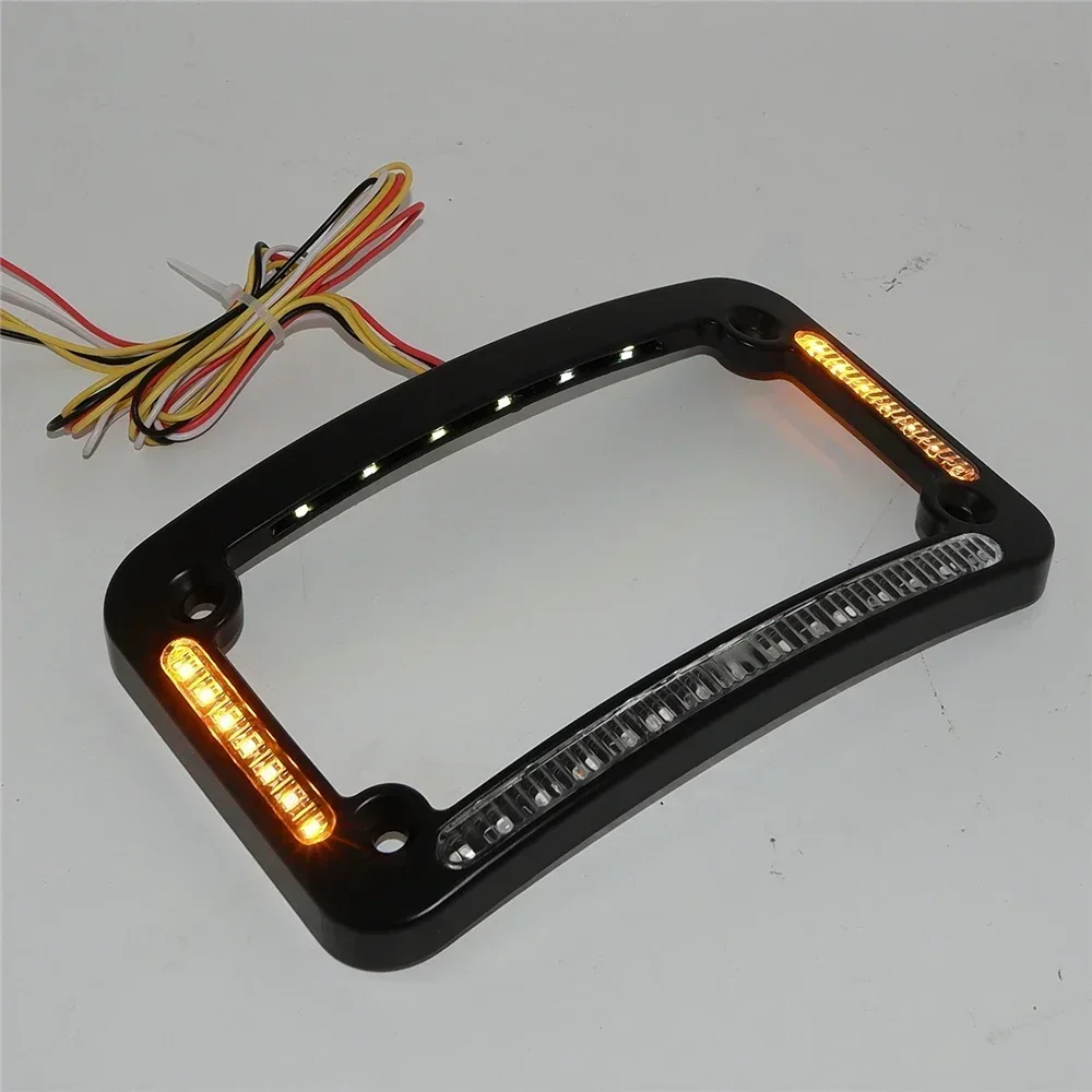 Dual LED Curved Motorcycle License Plate Frame w/ Brake OR Turns - Black Finish for Harley/ Honda/ Kawasaki/ Suzuki/Yamaha