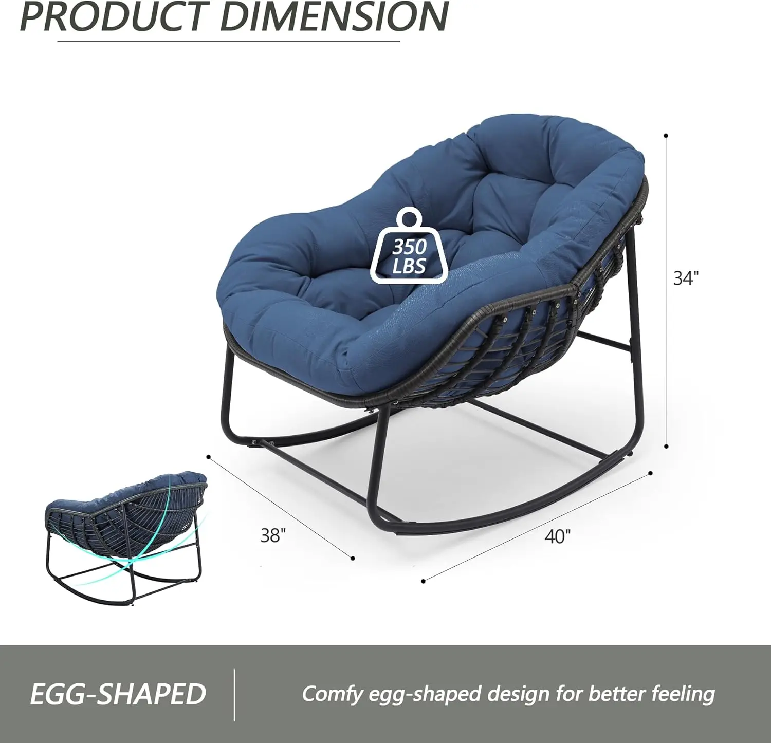 Pátio Wicker Egg Chair, Indoor e Outdoor Double Papasan Chair com almofada acolchoada, Royal Rattan Rocker para varanda frontal
