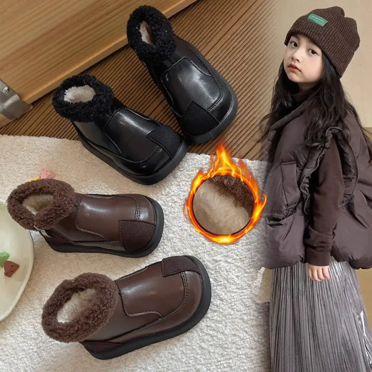 2026 Winter Children's Boots Fashion Simple Style Girl's Ankle Boot Causal Versatile Black Kid Short Leather Boots Side Zipper