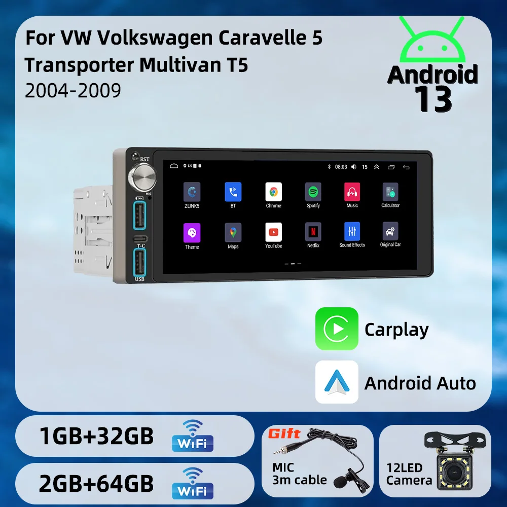 

6.86" 1Din Radio Stereo Carplay Autoradio Android Car Multimedia for VW Volkswagen Caravelle 5 Transporter Multivan T5 2004-2009