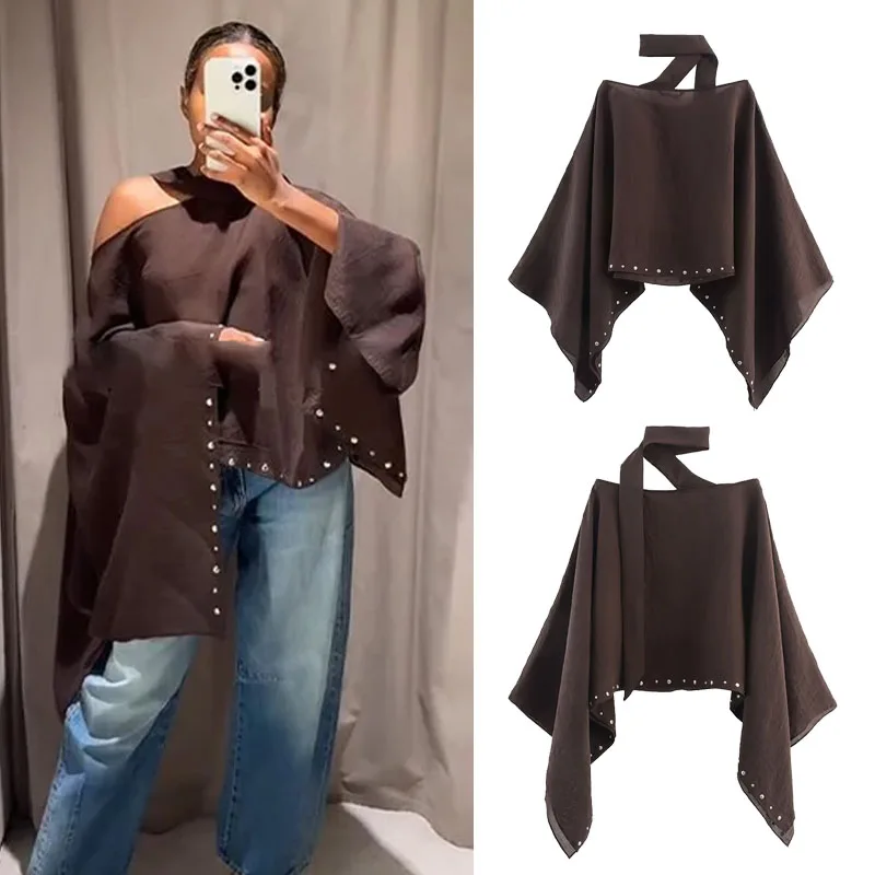 

Women Loose Rivet Cloak Off Shoulder Batwing Sleeve Cape Irregular Hem Shawls Autumn Female High Street Outwears Casual Poncho
