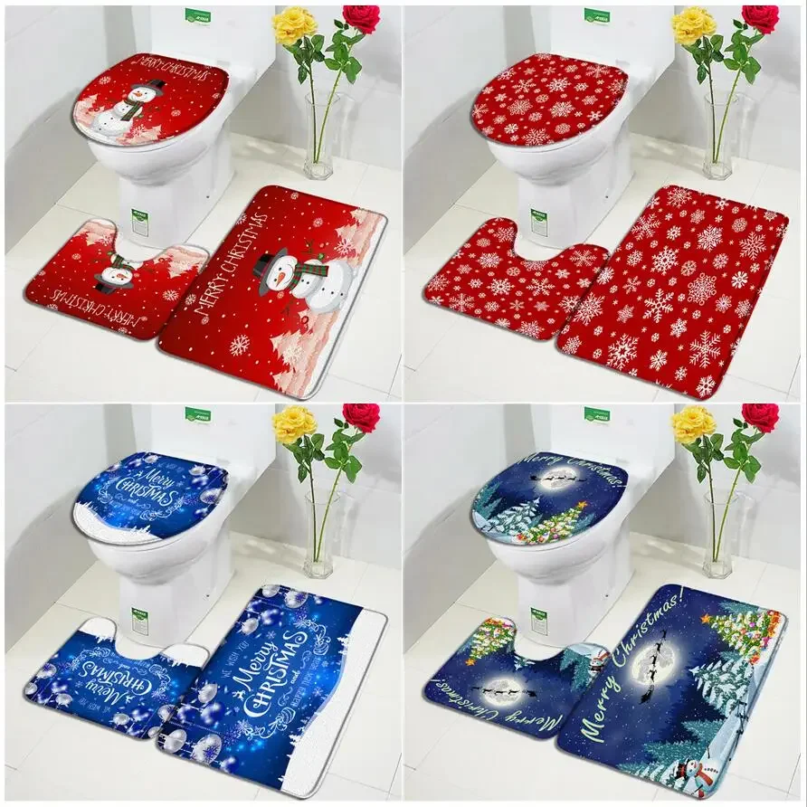 Red Christmas Bath Mat Set Cute Snowman Snowflake Blue Rope Ball Xmas Tree Winter Home Bathroom Decor Floor Rug Toilet Lid Cover
