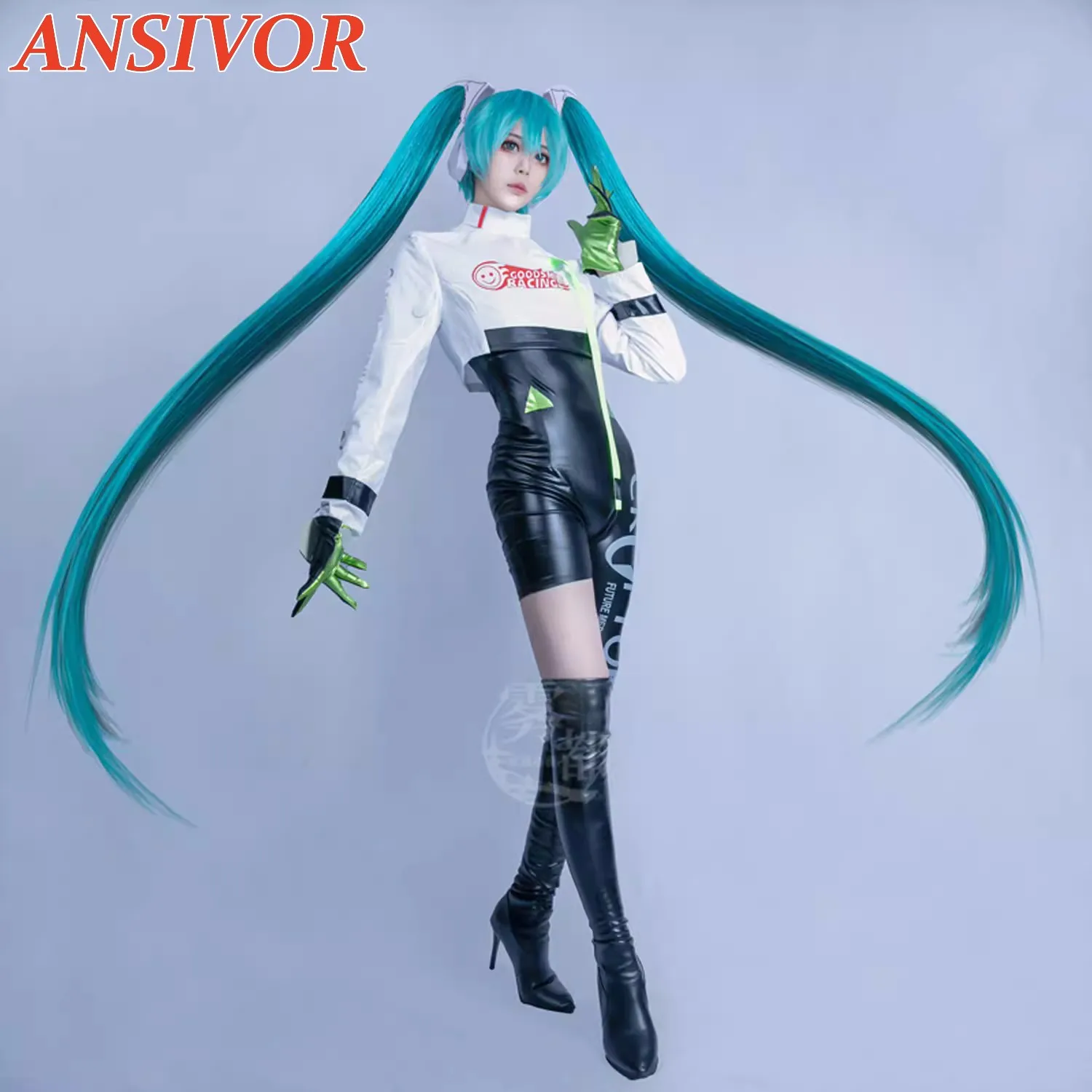 In stock Miku racer cosplay costume 2022 racing suit anime Full Set Halloween bodysuit jumpsuit PU leather latex