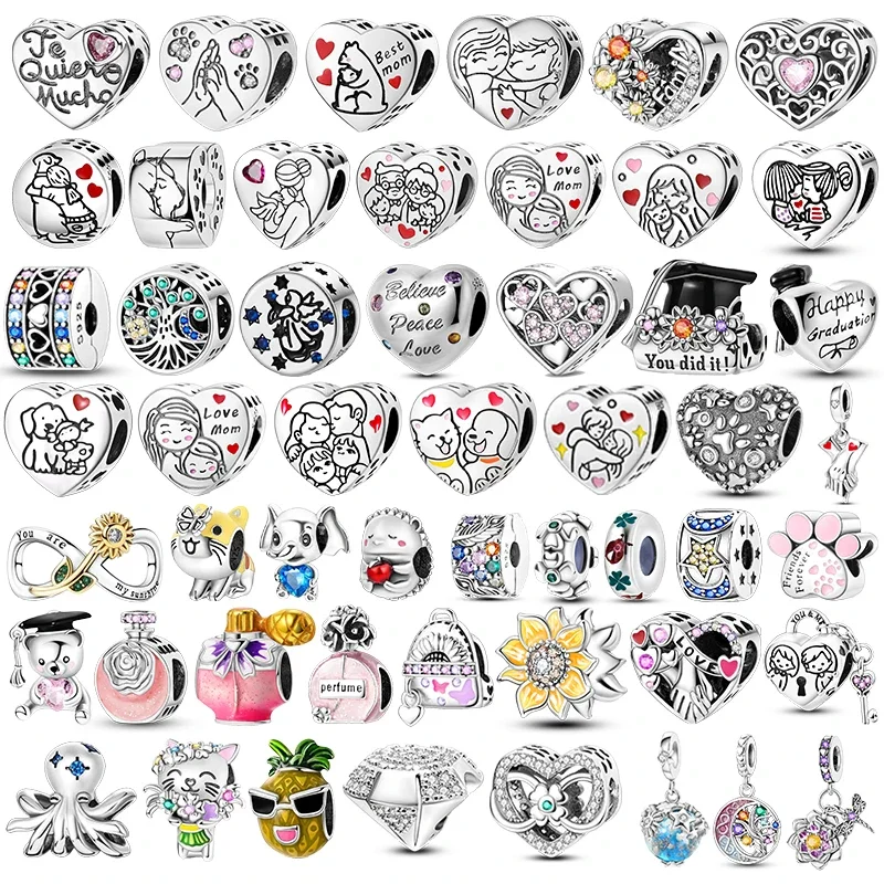 925 Sterling Silver Heart Shaped Warm Family Charm Beads Butterfly Flower Pendant Fit DIY Bracelets Fine Jewelry Gifts Making