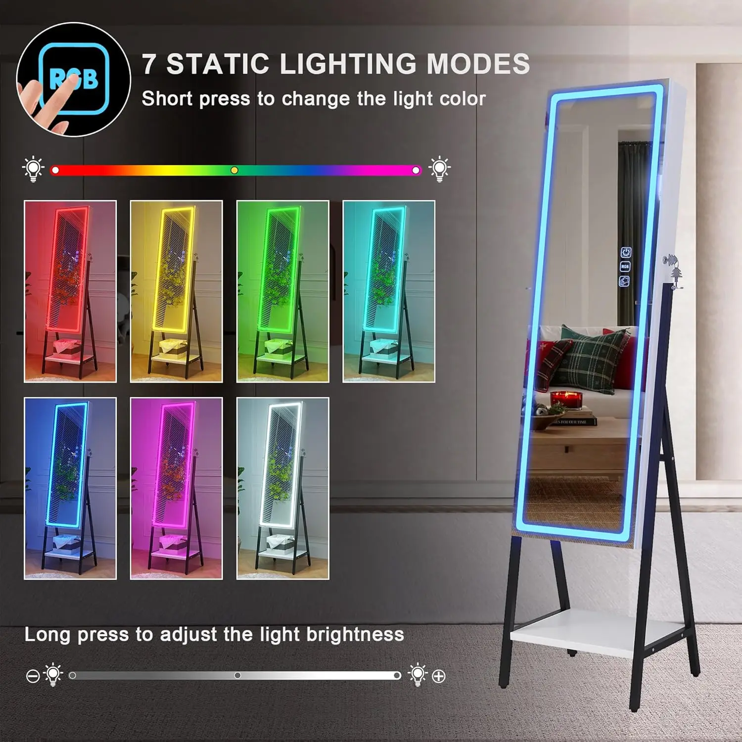 RGB LED Mirror Jewelry Cabinet,Standing Jewelry Armoire Organizer Full Length Mirror with Storage, Lockable Jewelry Mirror for W