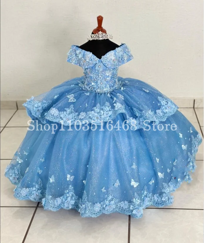 

Sky Blue Princess Mini Quinceanera Dresses Elegant Strapless 3D Floral Applique Ruffle Puffy vestidos de fiesta