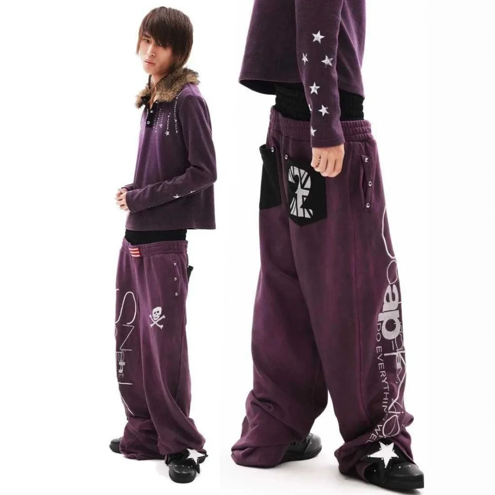 Y2K Hip Hop Vintage Washed Purple Sweatpants Unisex Skull Graphic Print Double Waistband Baggy Wide Leg Streetwear Trousers