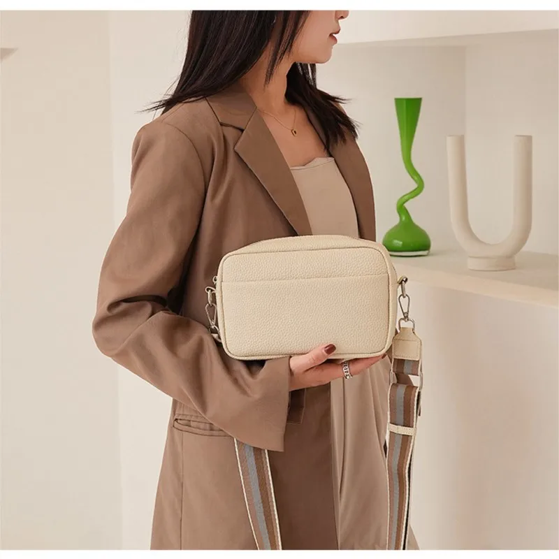 Solid Color Pu Wide Strap Crossbody Bags For Women New Leather Small High Quality Handbags Designer Shoulder Bag Luxury Simple