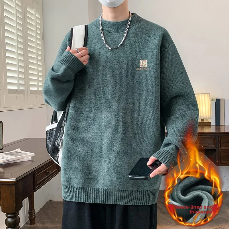 

Мужской вязаный свитер Thiened Fce, повседневный, свободного кроя, с интегрированным флисовым утеплителем, винтажный, в гонконгском стиле, осенне-зимний