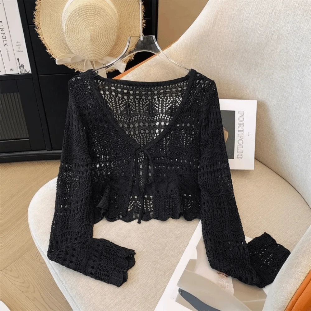 

New Hollow Out Knitted Cardigan V-Neck Thin Sun-Proof Tops Long Sleeve Casual Outwear Summer