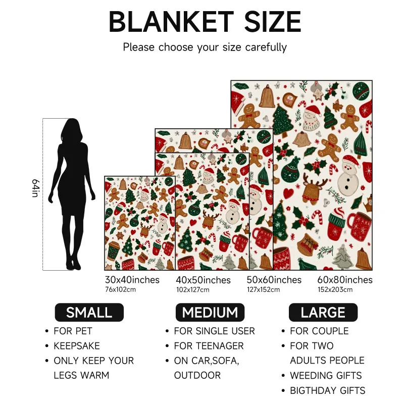 قطعة واحدة من بطانية الفانيلا بطابع عيد الميلاد مع خبز الزنجبيل ورجل الثلج والأشجار، مثالية للأريكة والسرير والمكتب. هدية مثالية لـ fam