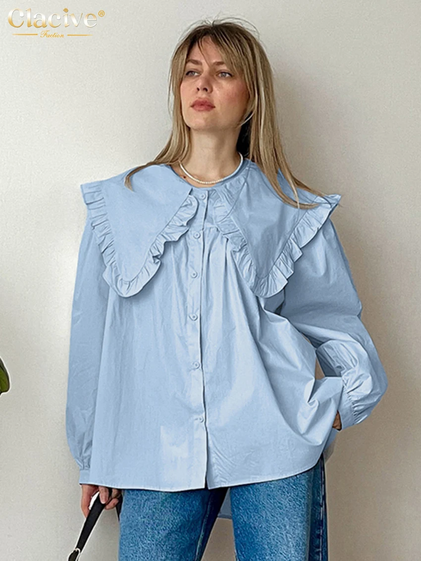 

Clacive модная свободная синяя женская блузка 2026, весенняя женская рубашка с лацканами и длинными рукавами, элегантный классический однотонный топ, женская одежда