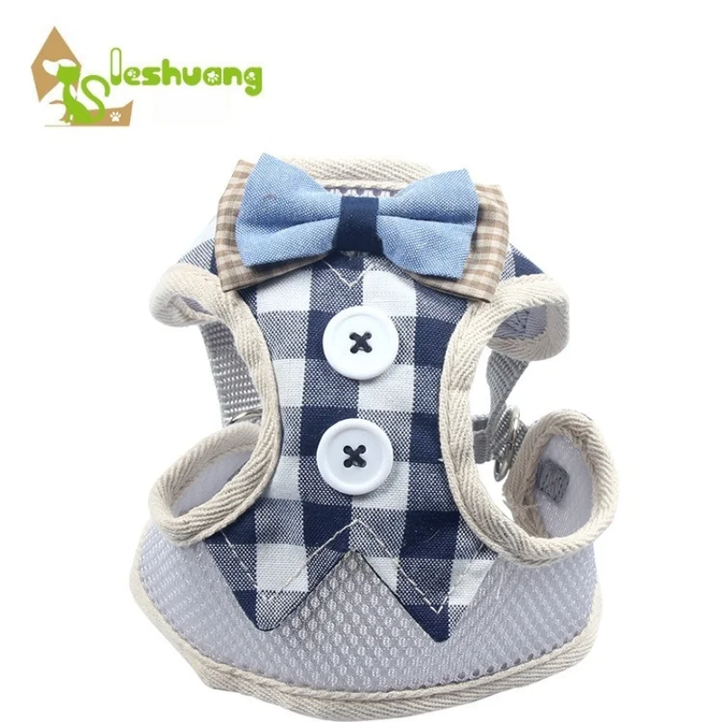 Dog Harness with Bow Plaid Cat Harness Adjustable Length Pet Harness with Dog Leash Four Colors Dog Harness and Leash Set