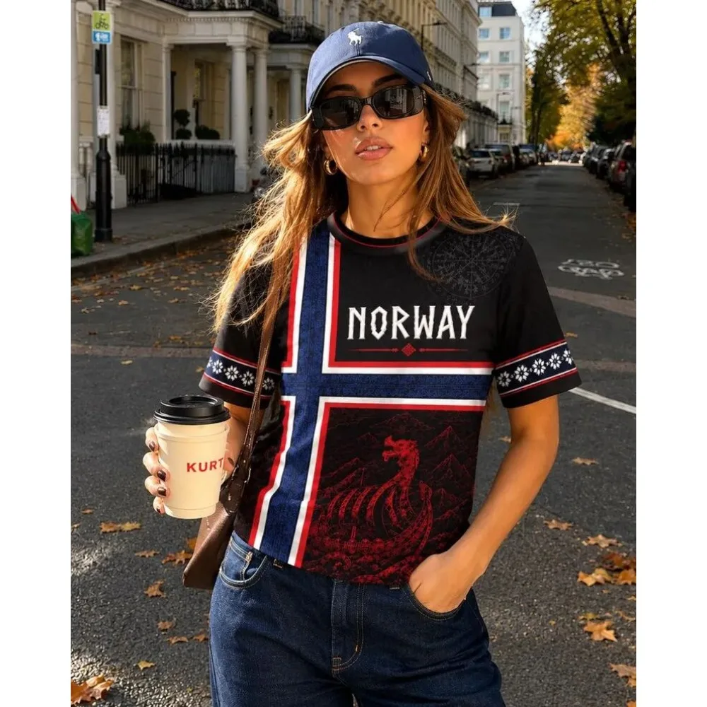 2026 New Women Norway Flag Soccer Jersey Retro Crewneck Short Sleeve Breathable Loose Fit Streetwear Sport Casual Football Shirt