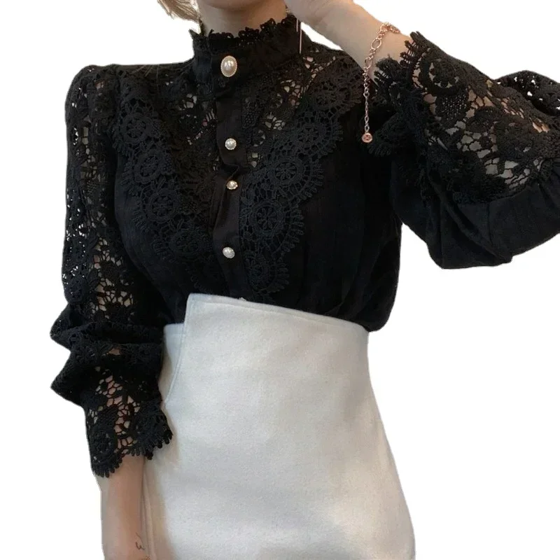 Long Sleeve Lace Blouse Summer 2024 Korea Women Sexy Hollow Out Flower White Lace Basic Shirt Top  Elegant Office Work Blouse