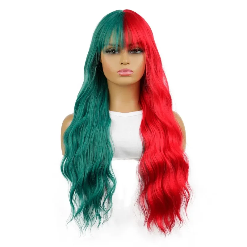 

Halloween red and green with bangs and big waves wig women's button network cross-border new product full headgear
