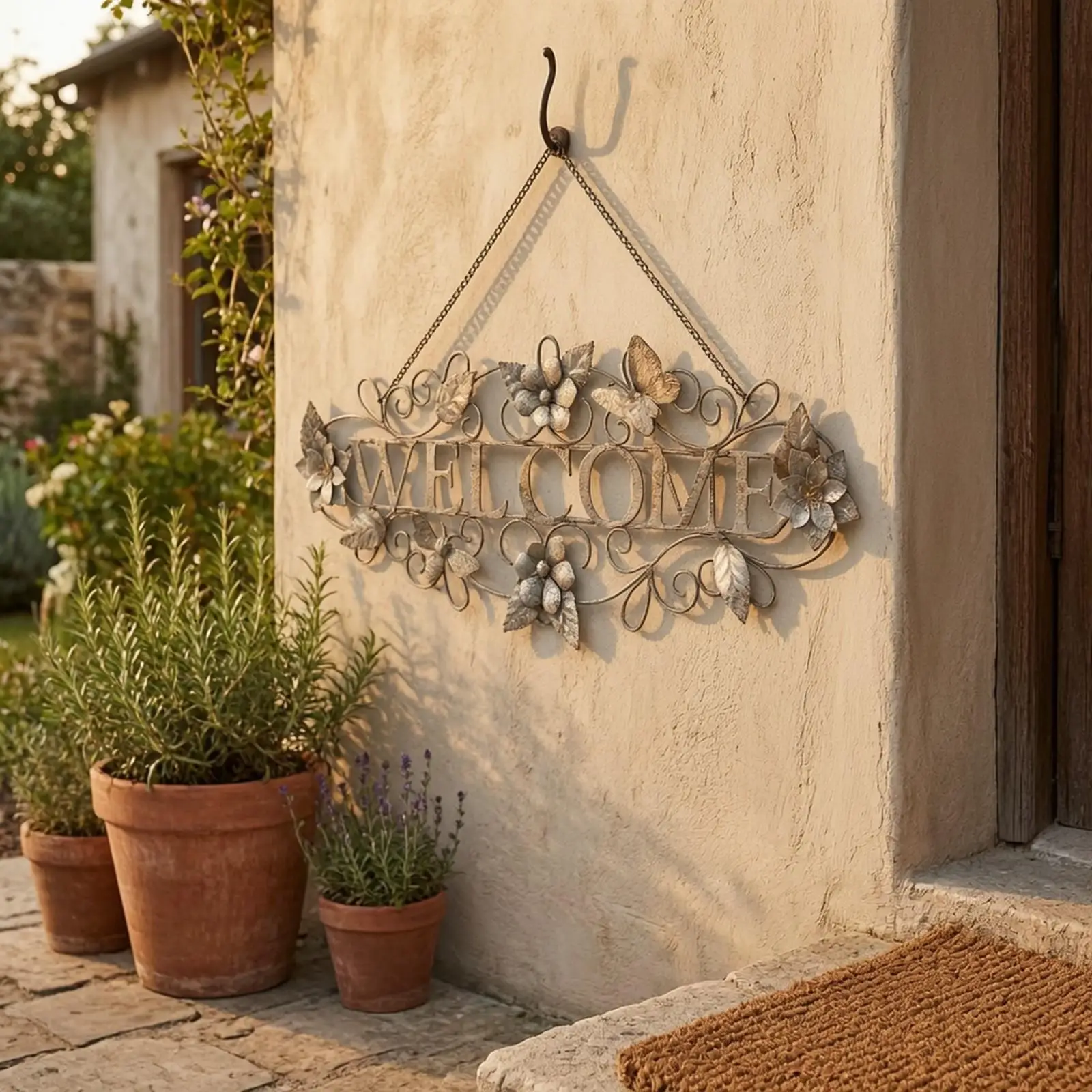 Welcome Sign for Front Door Outside with Retro Metal Wall Decor Hanging Plaque for Farmhouse Cottage Shabby Chic Home