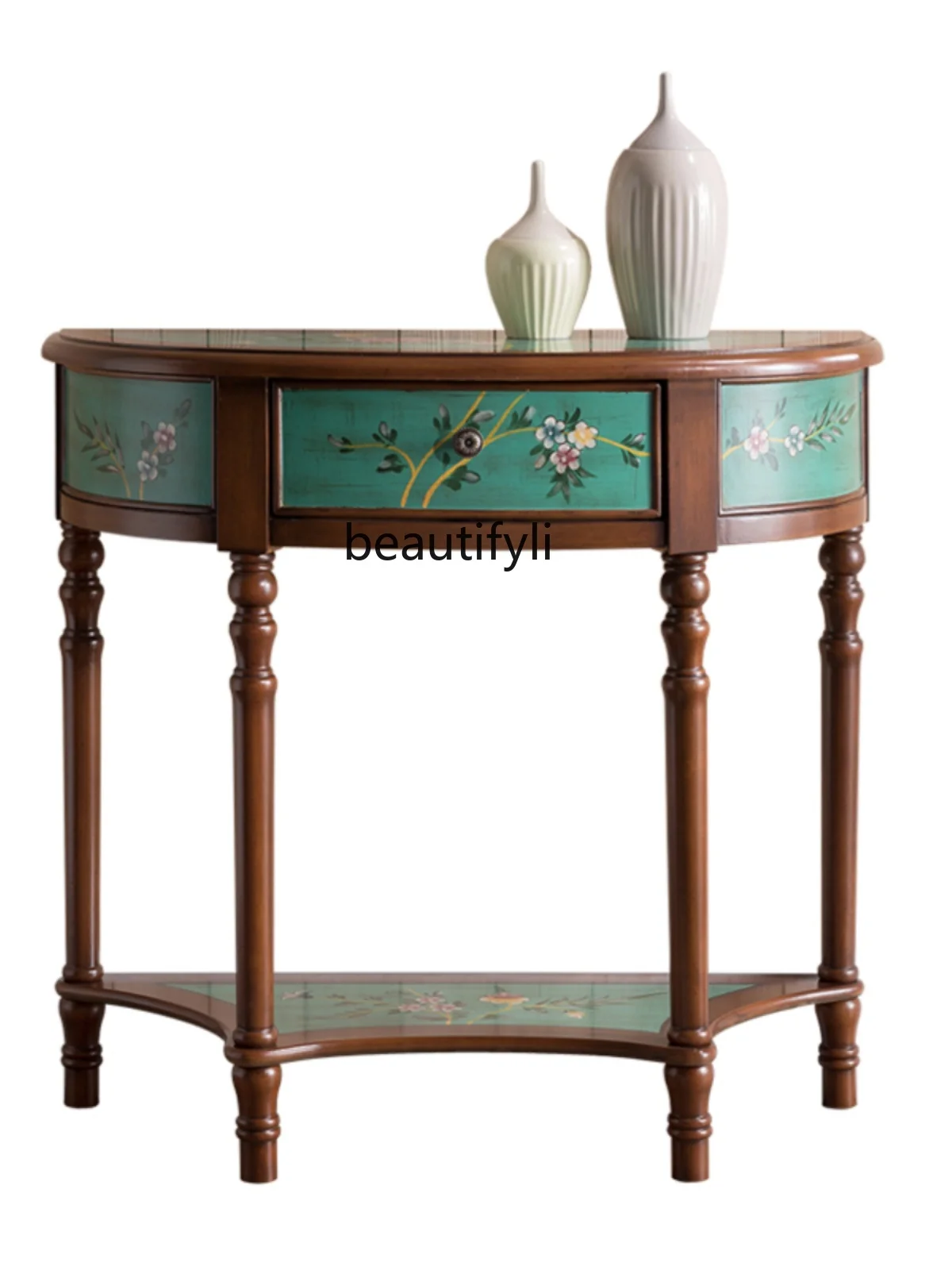 American Semicircle Console Tables Solid Wood Hand Painting Green Corridor Wall Table