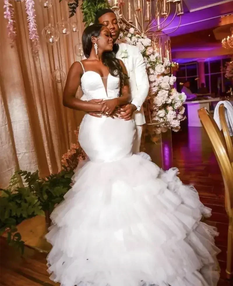 Customized Wedding Dresses African Plus Size Mermaid Spaghetti Straps Lace Applique Floor Length Tiered Tulle Dubai Arabic