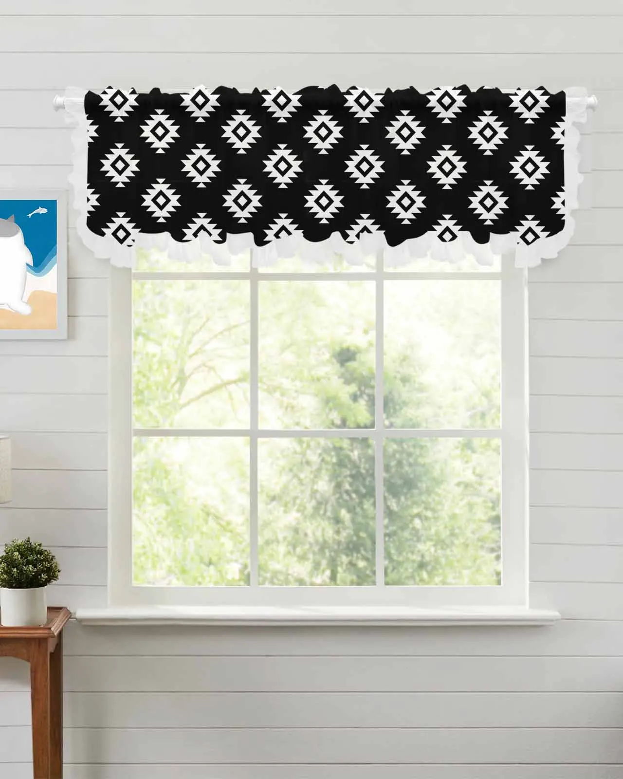 Boêmio Sheer Valance cortinas, Curto Tulle meia cortinas, Textura asteca, Preto, Sala de estar, Porta da cozinha, Café, Janela