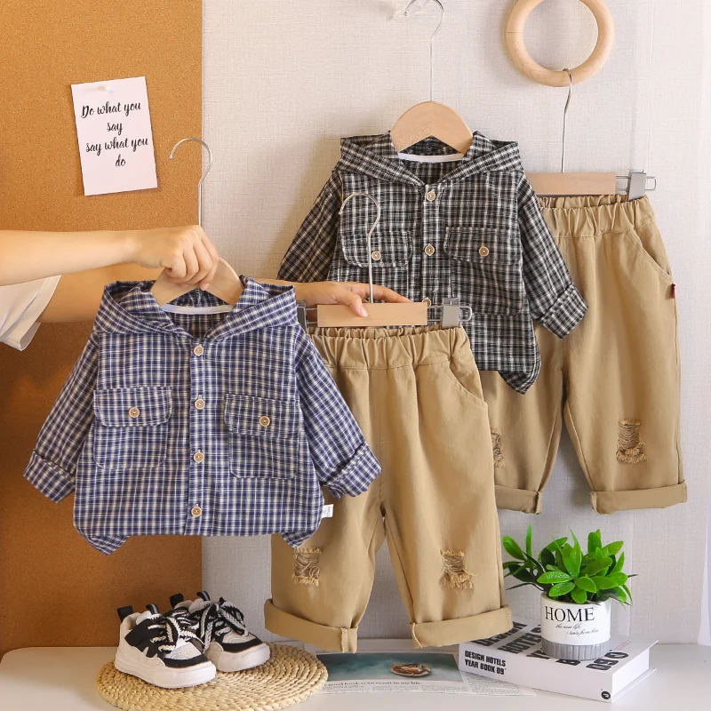 

New Spring Autumn Baby Clothes Suit Children Boys Plaid Hoodies Pants 2Pcs/Sets Kids Clothing Infant Costume Toddler Tracksuits
