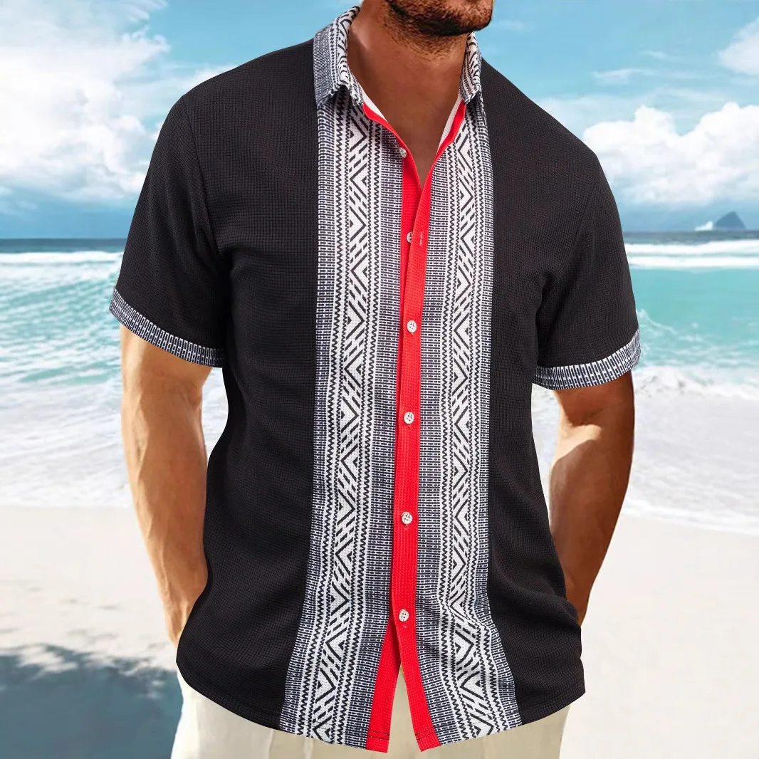 2025 Summer New Men's Short-sleeved Shirt Waffle Lapel Spliced button Top Cardigan Fashion Vintage Blouses for Male