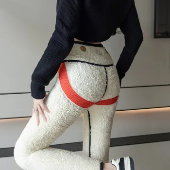 سراويل سميكة وقطيفة من كشمير الضأن للنساء ملابس خارجية شتوية ضيقة مقاس كبير 80 كجم سراويل يوجا باربي للنساء