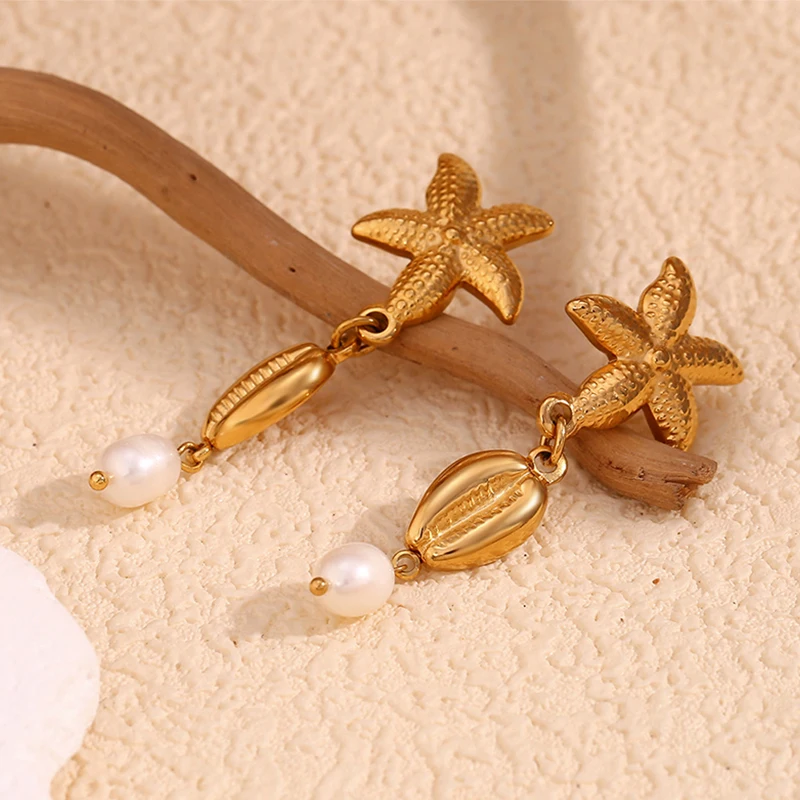 

ROXI | 18K Gold Starfish Conch Dangle Earring for Women.and Girl. Vintage Pearl Jewelry. New. Trendy Gift