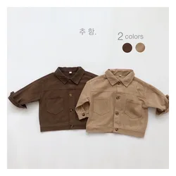 Korean Autumn Winter Kids Boys Coat Long Sleeve Solid Buttons Pocket Children Boys Jacket Vintage Polo Toddler Boys Coat