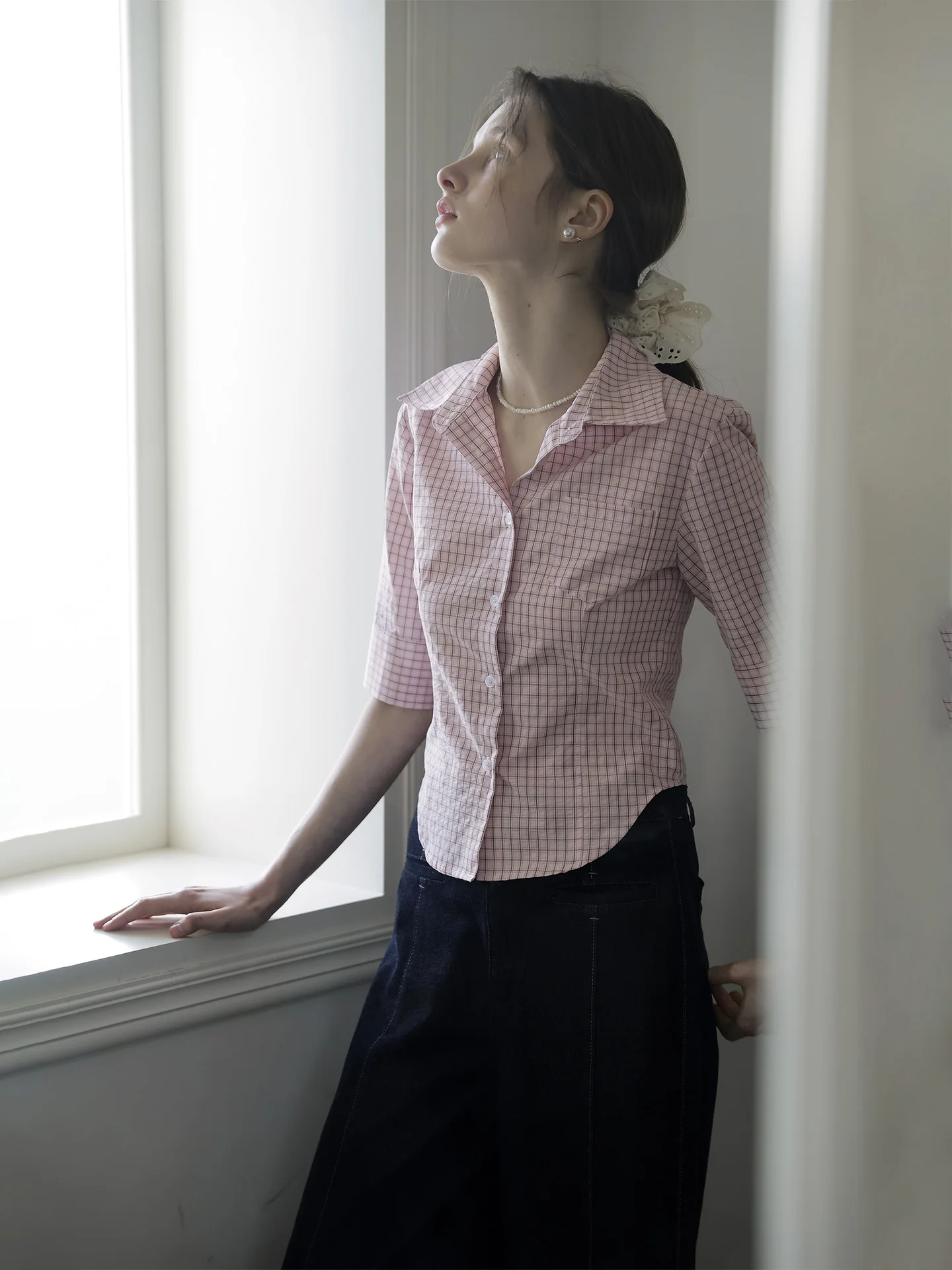 

Spring Summer Plaid Cotton Bubble Shirt Women's Slim Fit Shirt Anti-Wrinkle Five Sleeve Pure Cotton Sweet Cool Vintage Style