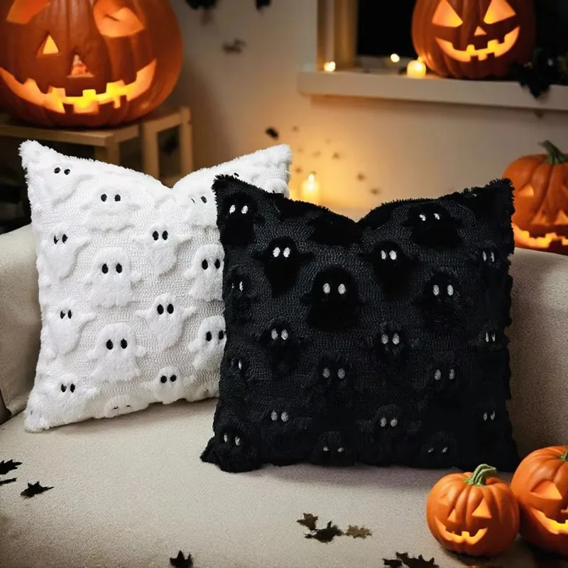 Funda de almohada Imp de Halloween, sombrero de Navidad tridimensional, bordado, blanco y negro, rojo, funda de cojín navideña