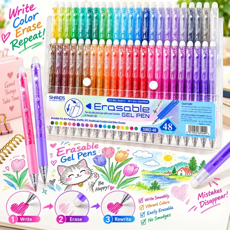Erasable Gel Pens, Retractable Clicker Pens with Eraser, 0.7mm Fine Point Colored Gel Pens for Writing, Drawing, Journaling