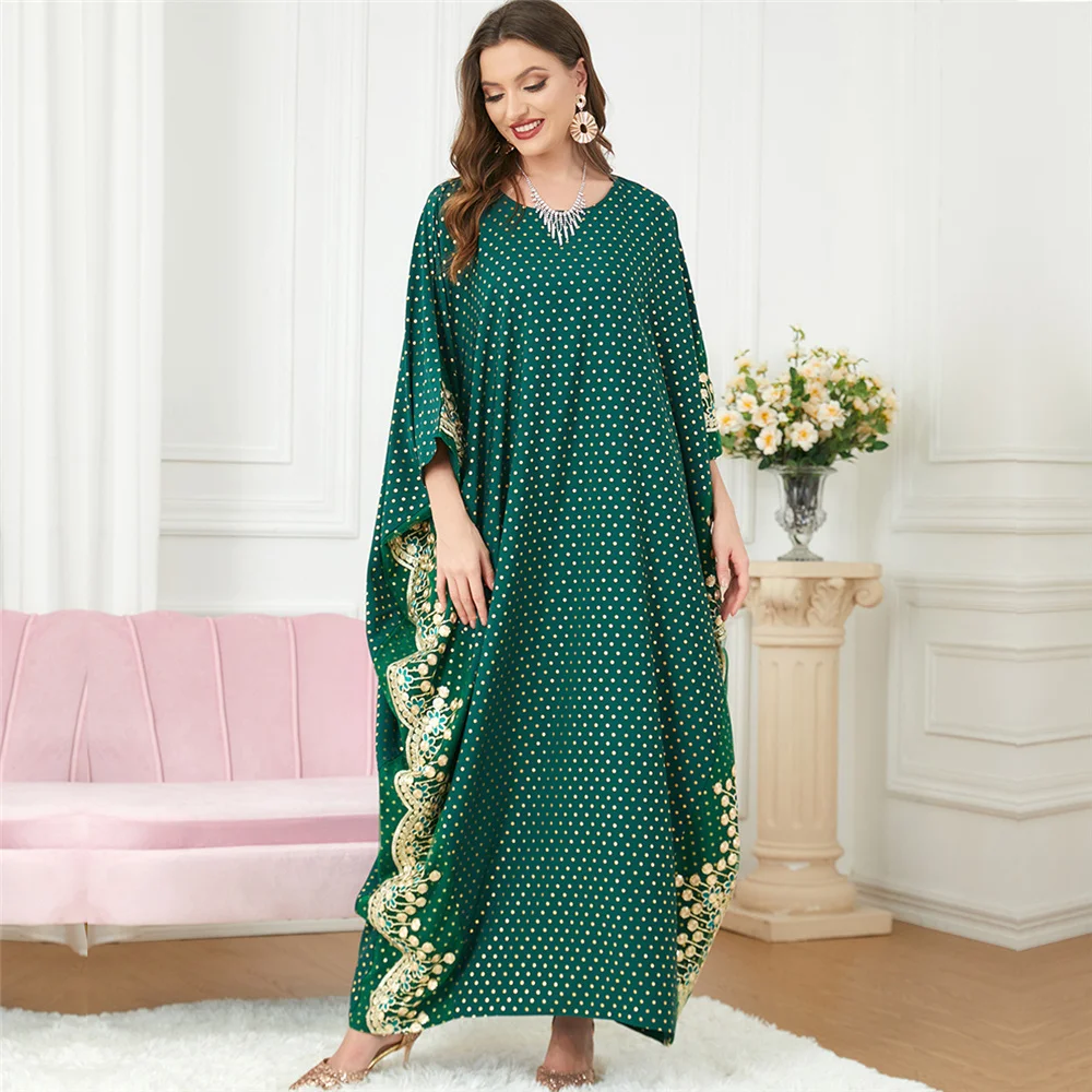 Green Polka Dot Lace Embroidered Abaya Women Muslim Loose Robe Boubou Islamic Jalabiya Arab Gown Dubai Turkey Kaftan Eid Ramadan