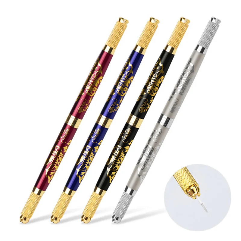 Manual Eyebrow Tattoo Pens For Double Needle Blade Embroidery Two Heads Permanent Makeup Microblading Pen Four Colors 20Pcs/Bag