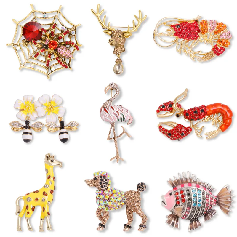 Nuovo animale lucido strass animale spilla ape giraffa aragosta pesce cucciolo ragno testa di cervo ciondolo spilla accessori di abbigliamento