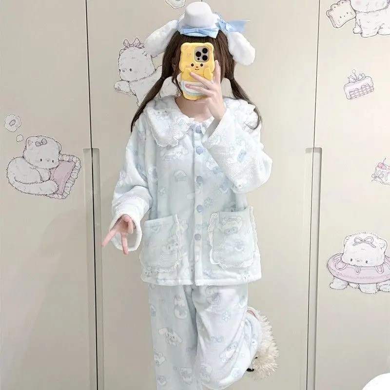 Cartoon Big Eared Dog Girls Plush Nightwear Kawaii Women Thickened Baby Collar Pajamas Set Winter Sweet Warm Flannel Homewear