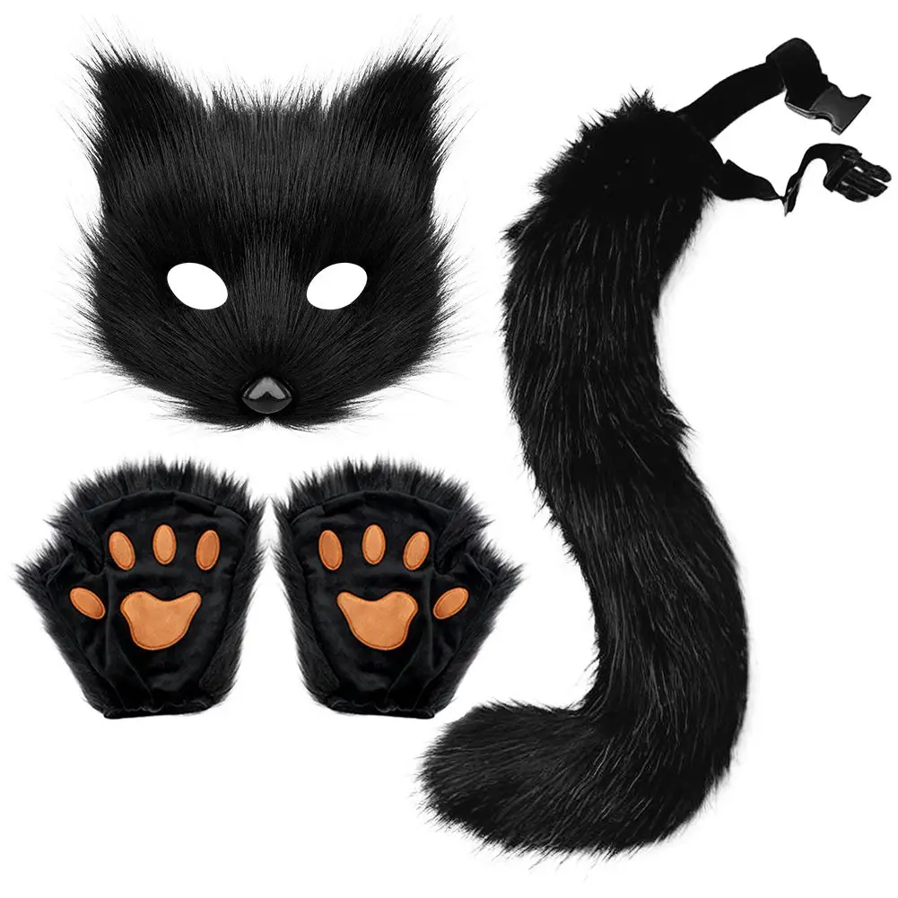 New Simulation Fox Mask Cos Gloves, Plush Fox Tail Handmade Beast Tail Cosplay Prop Set