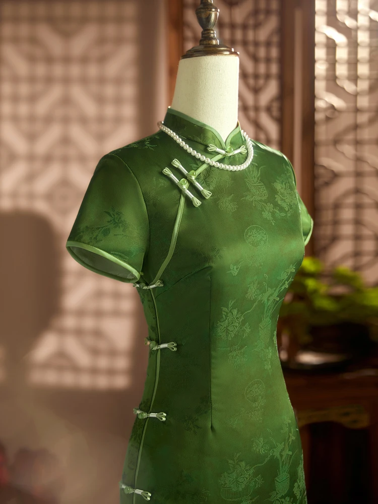 

Retro een Young Sle Chinese Rvated Dr Daily Wear Ele Mommy Long Qipao Polyester Spandex ort Sve