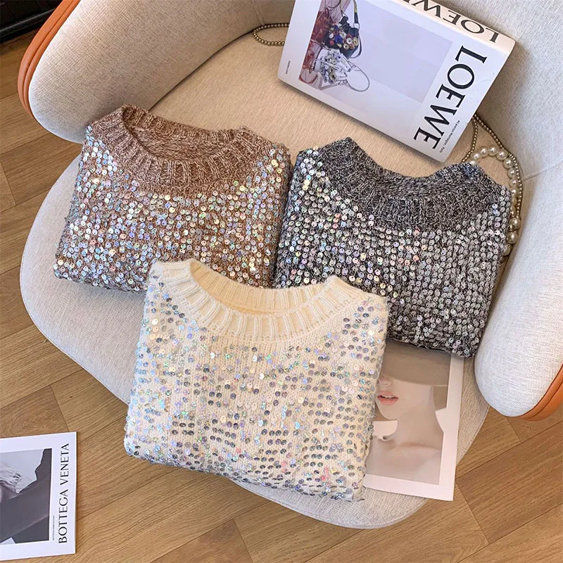 Chic Sequin Women Sweater Pullovers O Neck Knitwear y2k Tops Female Long Sleeve Casual Knit Jumper Women clothing spring autumn