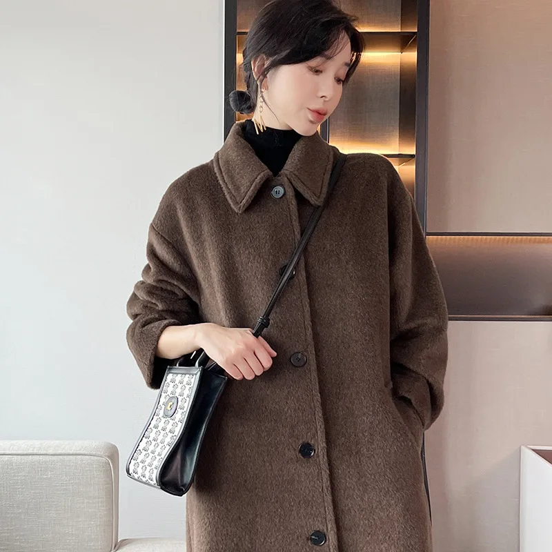 2023 High-End Vicuna Velvet Coat Women Winter Thickened Mid-Length Loose Alpaca Fur Coat Female Straight Autumn Wool Coat Commut