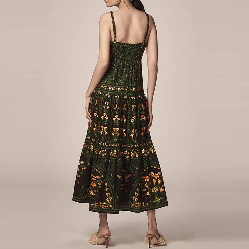 Długa sukienka damska w kwiaty na wiosnę i lato, seksowna sukienka na ramiączkach z dekoltem typu hiszpanka i odkrytymi plecami, nowa luźna sukienka boho bez rękawów.