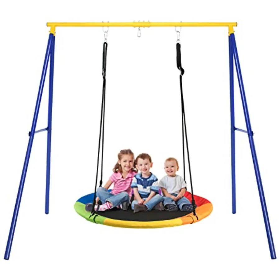 

Уличный металлический каркас для качелей с 40-дюймовыми дисковыми качелями, сверхпрочная конструкция А-образной формы, черный цвет, прочные крепления к земле и регулировка высоты