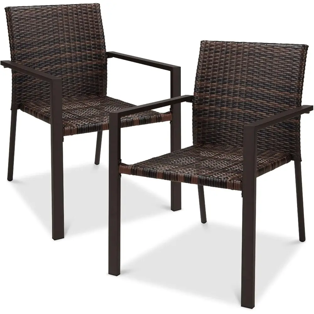 Set o 2 Stackable Outdoor Wicker Dining Chairs All-Weather irt Armchair w/Armrests, Steel e or Patio, Deck, Garden, Yard - Brown