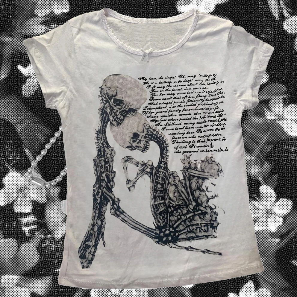 

Y2K Skull Aesthetic Letter print bow kont Baby Tee E-girl Grunge fashion Harajuku vintage slim fit short Sleeve summer T-shirt