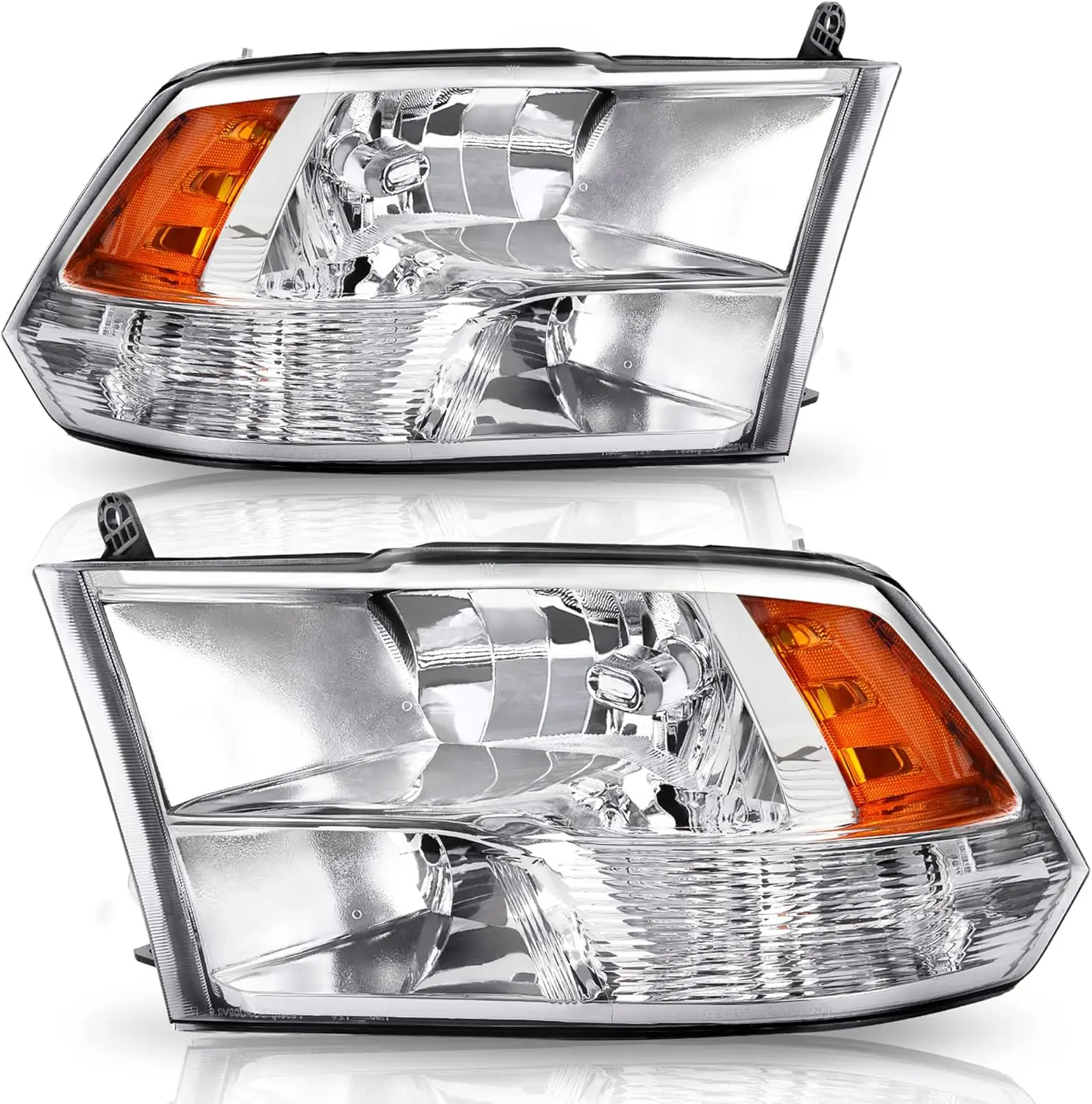Compatible Headlamp Set for 2009-2018 1500, 2010-2018 2500/3500, 2019-2022 1500 Classic – Chrome Housing, Clear Lens, Amber Refl